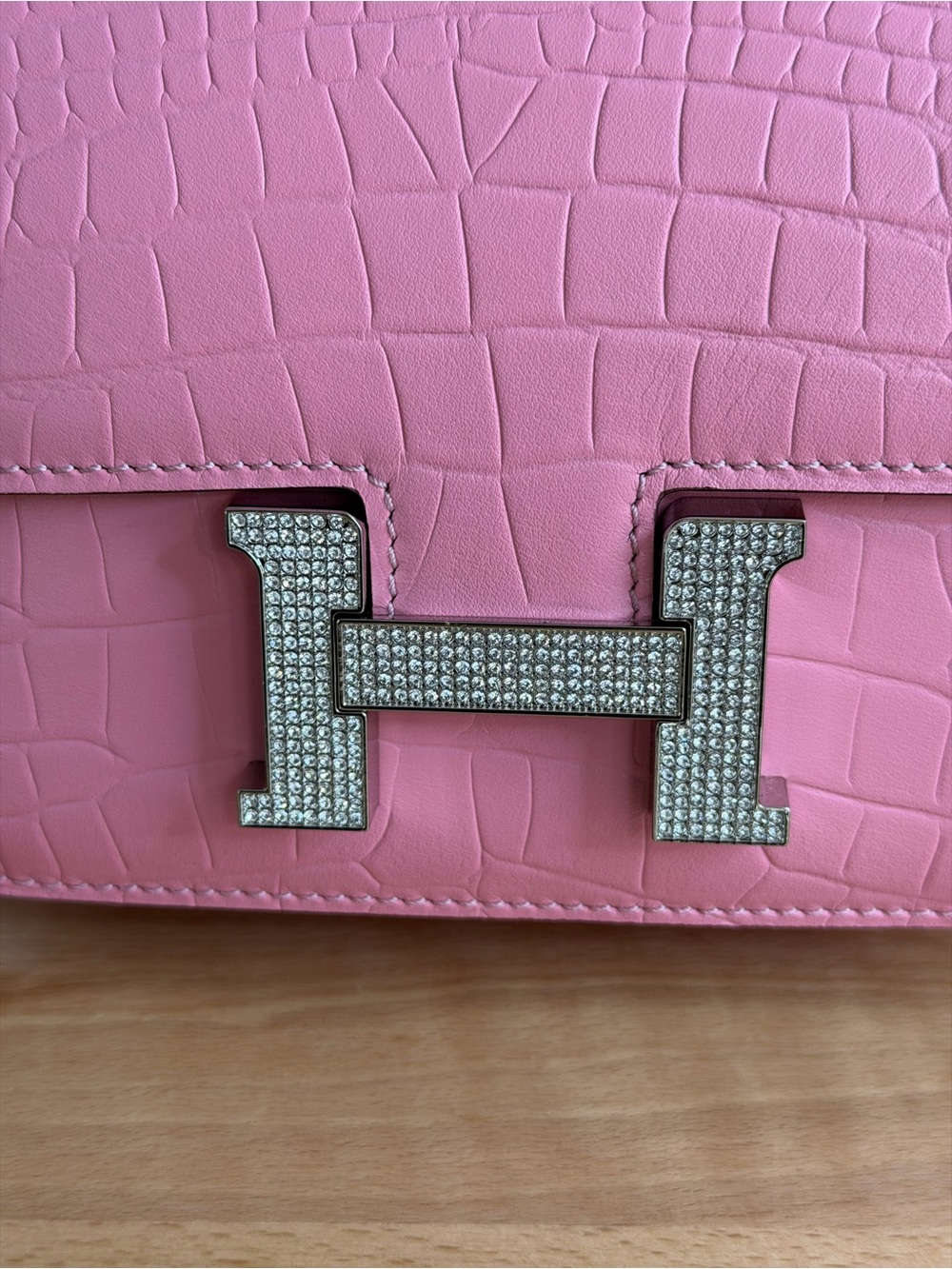 Pink embossed alligator leather H Constance 18 handbag bling PHW 5P bubblegum - Picture 5 of 8